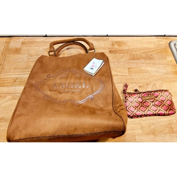 Victoria's Secret Angel Brown Faux Suede Tote Handbag Matching Pink Satin Pouch - Picture 1 of 13